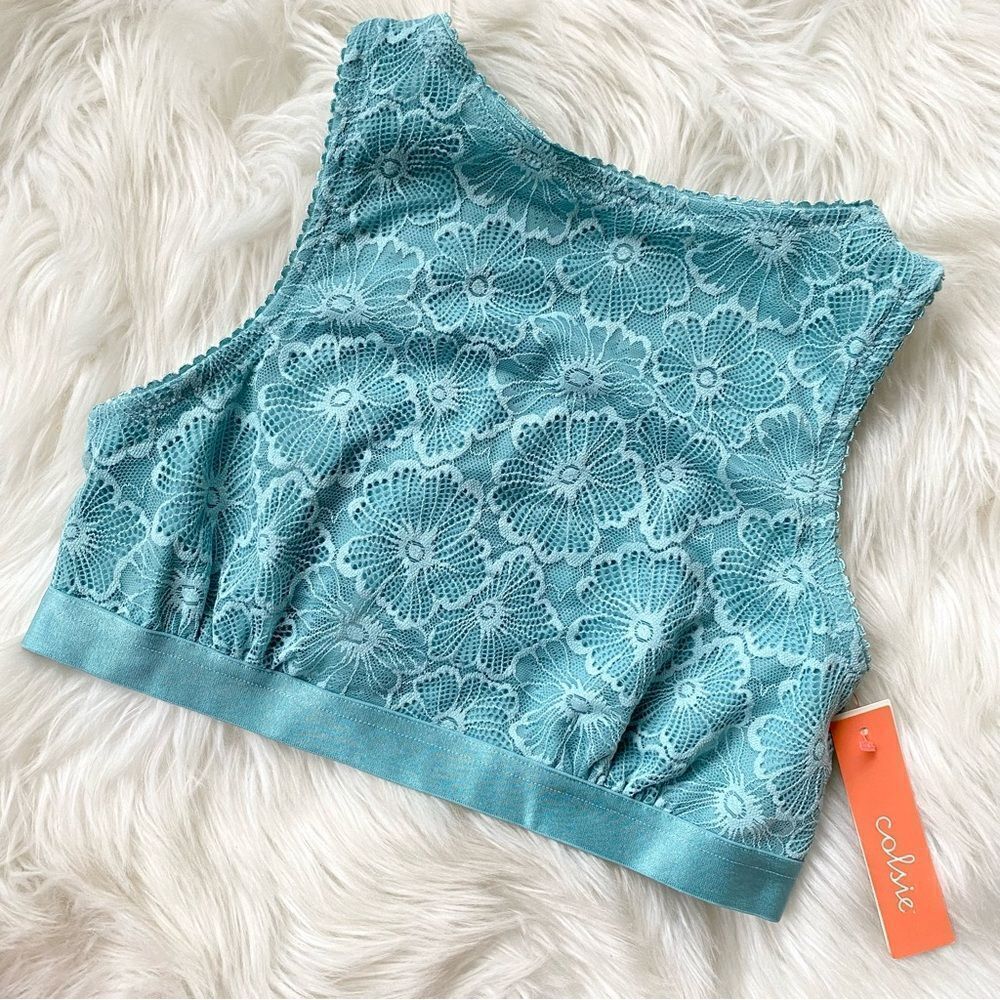 Colsie Light Aqua Blue Floral Lace High Neck Bralette